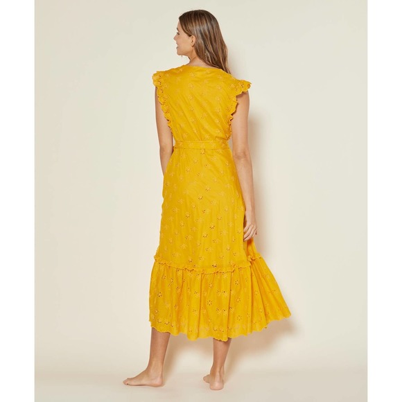 Outerknown Eyelet Kahlo Wrap Dress Eyelet Yellow Golden Rod - Picture 3 of 7